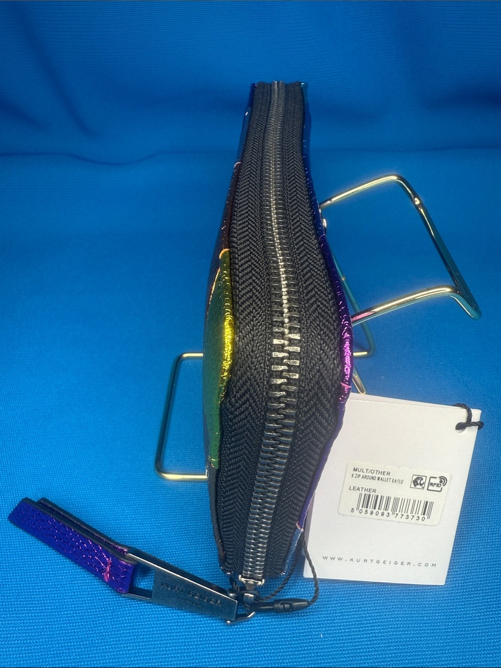 NWT NEW KURT GEIGER LONDON METALLIC MULTI-COLOR STRIPE LEATHER ZIP AROUND WALLET - Picture 9 of 17